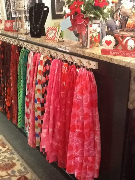 Silk-like scarves, 13" x 60"  Amazing price of $6 each.  Visit the Marmalade Tree to see for yourself in Oswego, Il. Scarves Display, Craft Show Display Ideas, Show Display Ideas, Gift Shop Displays, Scarf Display, Craft Booth Displays, Boutique Display, Craft Fair Displays, Craft Display