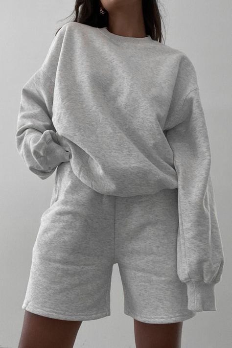 Sweat Set Outfits Women, Grey Sweat Set, Yoga Sweatshirt, Comfy Sweats, Grey Sweats, Shorts Sets, Sweat Set, Sweat Top, Sweatshirt Set