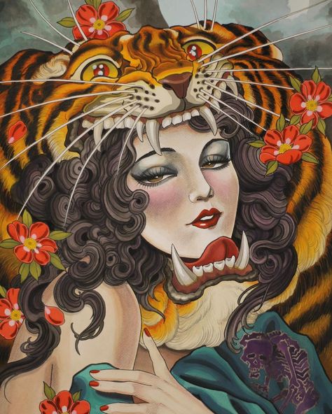 Woman And Tiger, Tiger Woman, Tiger Lady, Traditional Tattoo Inspiration, Flash Tattoo Designs, Flash Sheet, Traditional Tattoo Art, Tattoo Portfolio, Japanese Tattoo Art