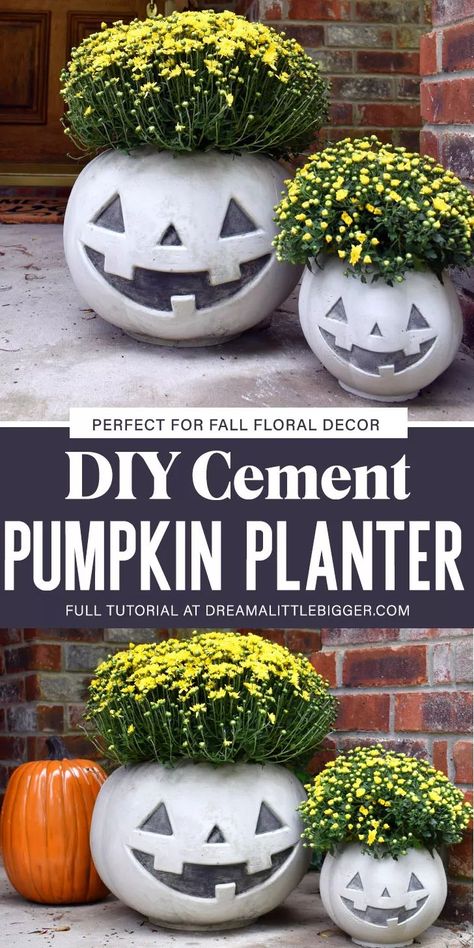 Turn a trick or treat pumpkin pail into an amazing cement pumpkin planter. The Jack side is perfect for Halloween and the pumpkin works for all of Autumn! #halloweendecorations #halloweendecor #concreteplanters #pumpkincrafts #halloweencrafts #halloweencraftsdiydecorations Concrete Jack O Lantern Planter, Outdoor Halloween Decor Front Yards Simple, Pistachio Lush, Pumpkin Planters, Cement Pumpkins, Cement Projects, Trick Or Treat Pumpkin, Painting Cement, Pumpkin Pail