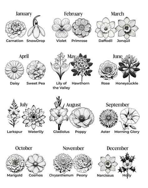 Tattoo Of Birth Flowers, April May June Birth Flower Tattoo, Birth Month Flower Sketches, Tattoos For Grandparents Meaningful Flowers, Birth Flower Painting Ideas, Parents Birth Flower Tattoo, Family Garden Tattoo, Birth Month Flower Painting, December Flower Bouquet Tattoo