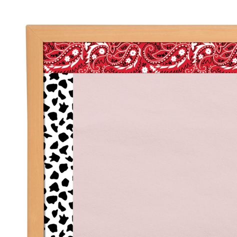 Yee-haw! This is a great way to take your learning space from mild to Western wild! Perfect for classroom décor, these double-sided bulletin board borders feature a bandana print on one side and cow spots on the other. Simply alternate between both looks when lining a display to really draw the eye towards assignments and announcements. Lasso these before they're gone! Cardstock. (1 dozen per unit) Each, 36" x 2 3/4"; assembled, 36 ft. x 2 3/4". © OTC Western Bulletin Board Ideas, Cowgirl Classroom, Western Bulletin Boards, Cow Classroom, Western Classroom, Texas Theme, Classroom Idea, Western Wild, Children Crafts