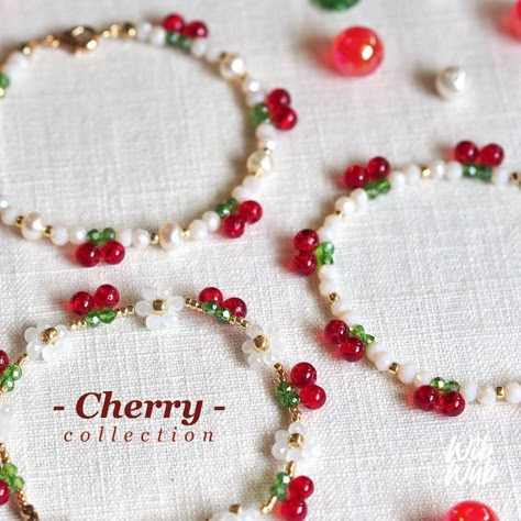 Retro Beaded Bracelets, Seed Bead Bracelet With Charm, Fruit Beaded Bracelet, Cherry Beaded Bracelet, Bracelet Patterns Beads, Bead Bracelet Patterns, Cherry Beads, Cherry Bracelet, Beaded Cherry