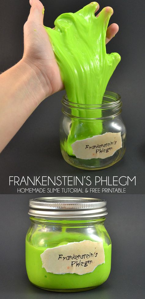 Ew! Frankenstein's phlegm! Super cute with the mad scientist-like label! Free printable and no fail slime tutorial. Halloween Classroom Party Ideas, Classroom Party Ideas, Frankenstein Party, Mad Scientist Halloween, Slime Tutorial, Mad Scientist Birthday, Mad Science Party, Scientist Birthday, Homemade Slime Recipe