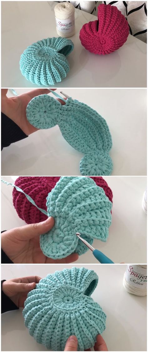 Crochet Easy Seashell Basket - Love Crochet Sea Amigurumi, Seashell Basket, Simple Crochet Projects, Crochet Seashell, Projek Mengait, Crochet Ocean, Sea Crochet, Shell Crochet, Mermaid Crochet