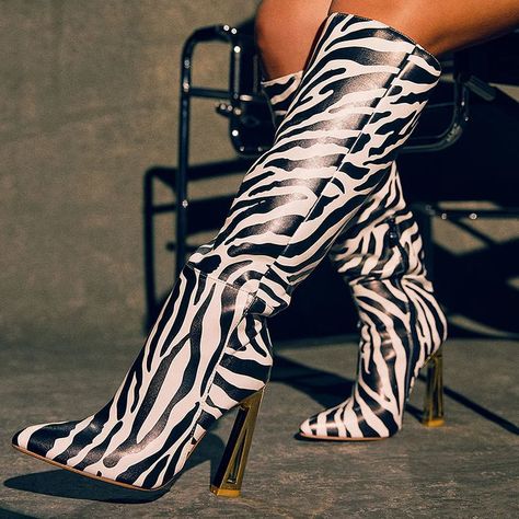 Zebra Print Boots, Spool Heels, Zebra Shoes, Black And White Heels, Print Boots, Spot Lights, High Heel Boots Knee, Spool Heel, Boot Print