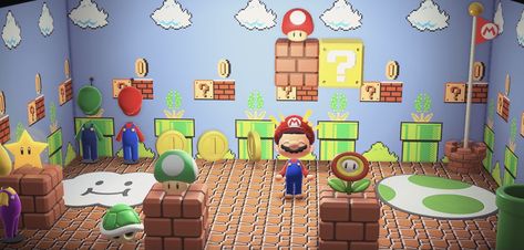 Animal Crossing Mario Ideas, Mario Acnh, Animal Crossing Super Mario, Acnh Fanart, Super Mario Room, Acnh House, Mario Room, Mario Theme, Acnh Clothes