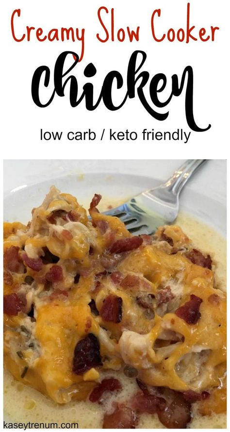 "Creamy Slow Cooker Chicken with Bacon & Cheese {low carb & keto}" - This keto chicken dinner recipe is amazing! You will love this slow cooker chicken is a low carb dinner that is so tasty! #kaseytrenum #slowcookerdinner #ketodinner #lowcarbdinner #ketochicken Slow Cooker Kip, Cheesy Chicken Recipe, Chicken With Bacon, Keto Slow Cooker, Slow Cooker Bacon, Slow Cooker Creamy Chicken, Paleo Snack, Ketosis Diet, Low Carb Diets