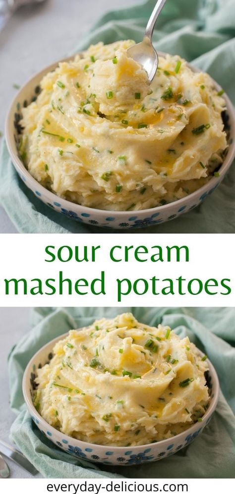 A great way to doctor up simple mashed potatoes is to add sour cream and chives to them. These sour cream mashed potatoes are creamy, rich, flavorful, and a little tangy thanks to the sour cream. Simple Mashed Potatoes, Cream Mashed Potatoes, Sour Cream Mashed Potatoes, Sour Cream Potatoes, Creamy Mashed Potatoes Recipe, Baked Mashed Potatoes, Easy Mashed Potatoes, Best Mashed Potatoes, Best Thanksgiving Recipes