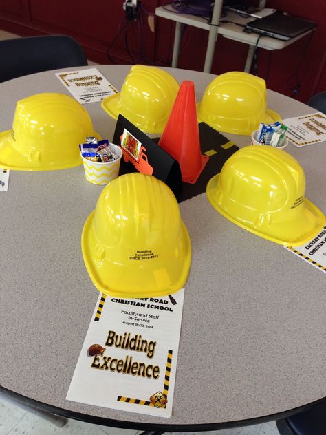 Construction theme staff Construction Theme Classroom, Under Construction Theme, School Year Themes, Construction Theme Birthday, School Wide Themes, Construction Theme Birthday Party, Teacher Development, Classroom Transformation, Construction Theme