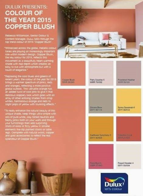 frumpy to funky: DULUX REVEALS IT'S ... Dulux Colour Schemes, Blush Living Room, December Design, Blush Bedroom, Copper Blush, Bedroom Wall Colors, Flat Ideas, Art Architecture, Non Fiction