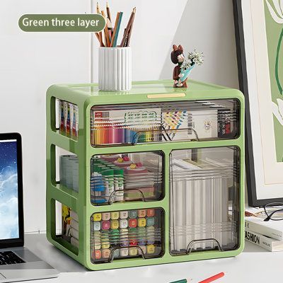 Rebrilliant Marypatricia Plastic 3 Compartment Makeup Organizer 12.7 H x 13.1 W x 9.2 D in Plastic in Green | 12.7" H X 13.1" W X 9.2" D | Wayfair Art Bookshelf Organization, Cute Office Storage, Small Things For Room Decor, Craft Box Storage, Desk Organization Green, Home Items Products, Cute Desk Items, Dorm Organization Ideas Storage, Cute Dorm Storage