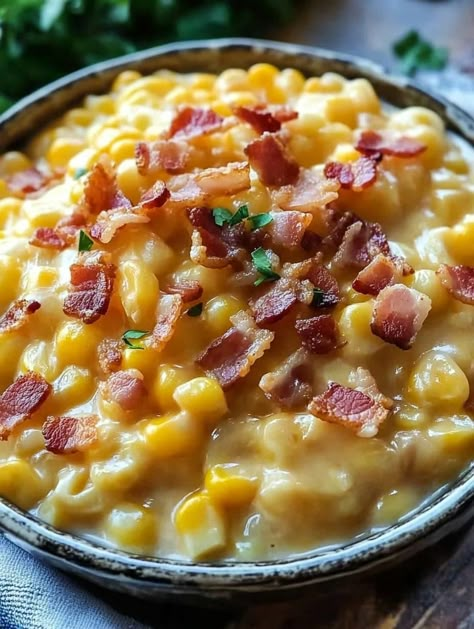 Slow Cooker Cheddar Corn with Bacon Corn With Bacon, Scalloped Corn Casserole, Cheddar Corn, Slow Cooker Creamed Corn, Au Gratin Potato Recipes, Slow Cooker Salisbury Steak, Creamed Corn Recipes, Au Gratin Recipes, Cheesy Corn