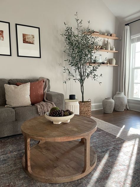 Living Room Apartment Grey Couch, Earthy Lounge Room Ideas, Living Room Decor Greige, Cool Tone Decor Living Rooms, Living Room Table Color Ideas, Neutral Living Room With Dark Wood Furniture, Gray Living Room With Brown Furniture, Beige Country Living Room, Dark Couch Light Rug