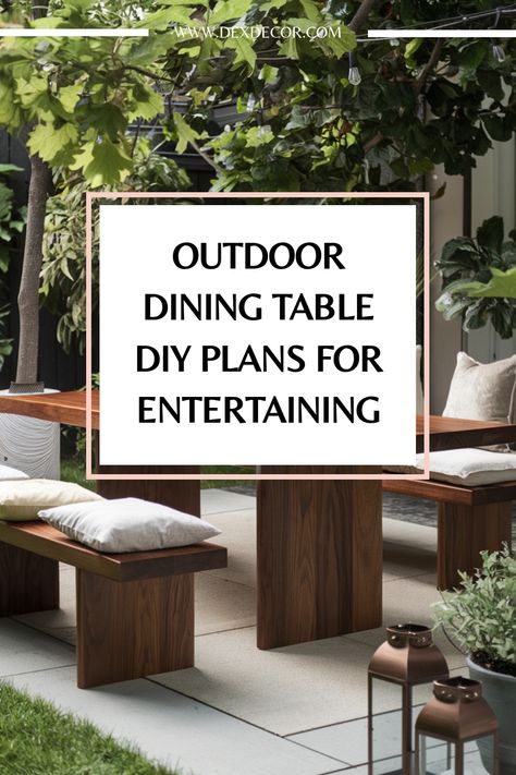 Outdoor dining table surrounded by benches and lush greenery. Dining Table Diy Plans, Diy Outdoor Table Dining, Outdoor Dining Table Diy, Outdoor Wood Table, Kitchen Flooring Trends, Dining Table Diy, Kitchen Tile Inspiration, Industrial Chic Kitchen, Rustic Industrial Kitchen