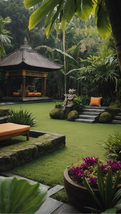 Bali Gardens Backyards, Tropical Water Feature, Tropical Houses Exterior, Balinese Courtyard, Tropical House Design Exterior, Bali Garden Design, Small Tropical Backyard, Jungle Garden Ideas, Zen Patio Ideas