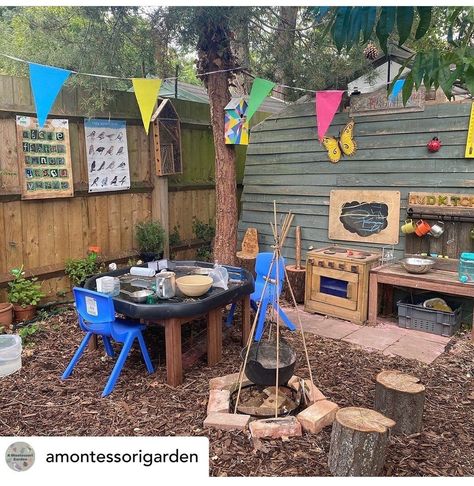 Montessori Outdoor Play, Kid Garden, Play Area Garden, Outdoor Play Kitchen, Eyfs Outdoor Area, Toddler Garden, Mud Kitchen For Kids, Outdoor Kids Play Area, Toddler Play Area