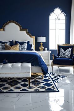 Arabian Nights Bedroom, Bedroom Back Wall Design, Bedroom Back Wall, Navy Gold Bedroom, Modern Luxury Sofa, Peacock Room Decor, Back Wall Design, Retro Bedroom Ideas, Moroccan Bedroom Ideas