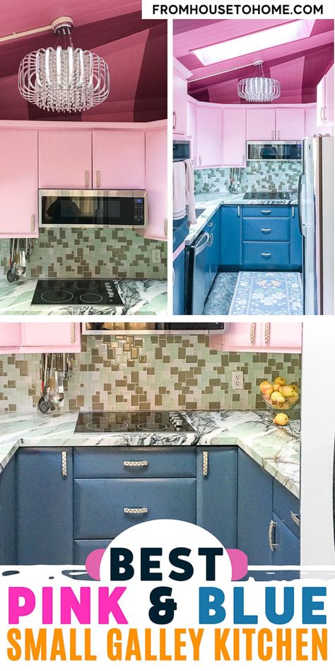 Find some inspiration from our before and after photos to update your small kitchen galley in pink and blue! Such a gorgeous color combination to choose for your small kitchen galley! Small Kitchen Galley, Pink And Blue Kitchen, Small Galley Kitchen Remodel, Small Room Ideas, Cheerful Kitchen, Olympia Tile, Small Galley Kitchen, Navy Kitchen, House To Home