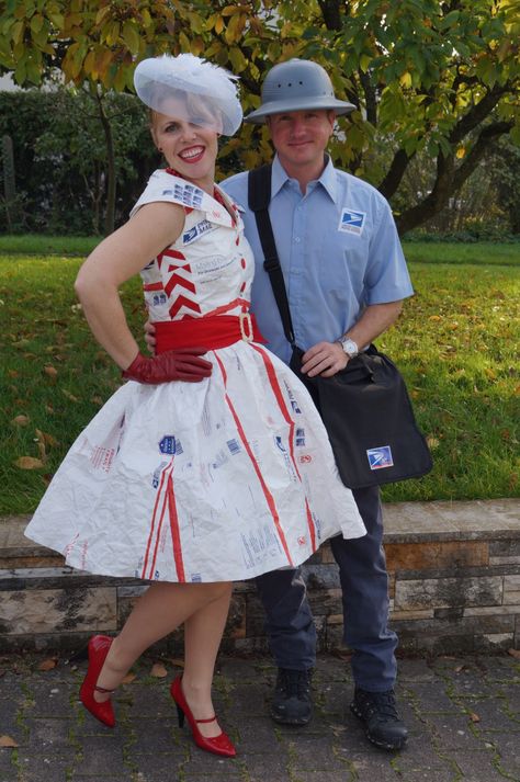 Halloween Fun – Mail Order Bride and Mail Man  this is cute - Maggie Overby! Mail Halloween Costume, Mail Man Costume, Punny Halloween Costumes, Mail Man, Halloween Costumes Diy Couples, Halloween Themed Food, Costumes For Couples, Halloween Couples, Car Rally