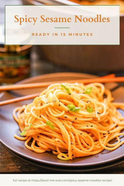 Mealtime is ready in a flash with tons of flavor when you make spicy sesame noodles! Filled with flavor and toasty nuttiness, this easy recipe only takes 15 minutes to make using pantry ingredients. Slurpy and delicious! #15minutemeal #sesamenoodles #easynoodlerecipe #asiannoodles #bowlmeover Spicy Sesame Noodles, Shrimp Tofu, Sesame Noodle, Sesame Noodles Recipe, Yummy Noodles, Noodle Recipes Easy, Sesame Noodles, Better Than Takeout, Butter Pasta