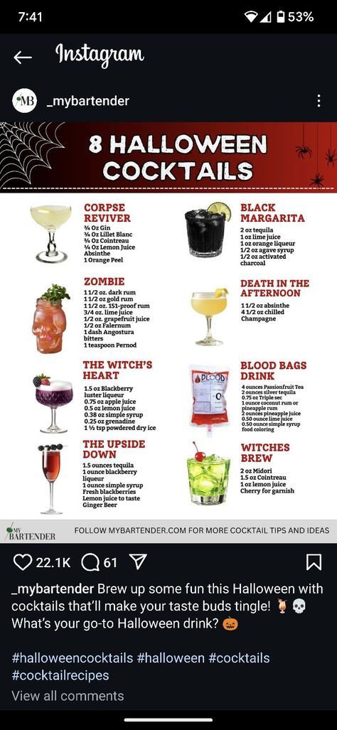 Bartending 101 Cheat Sheets Drink Recipes, Bartending 101 Cheat Sheets, Bartending 101, Gold Rum, Halloween Cocktails, Agave Syrup, Angostura Bitters, Dark Rum, Halloween Drinks