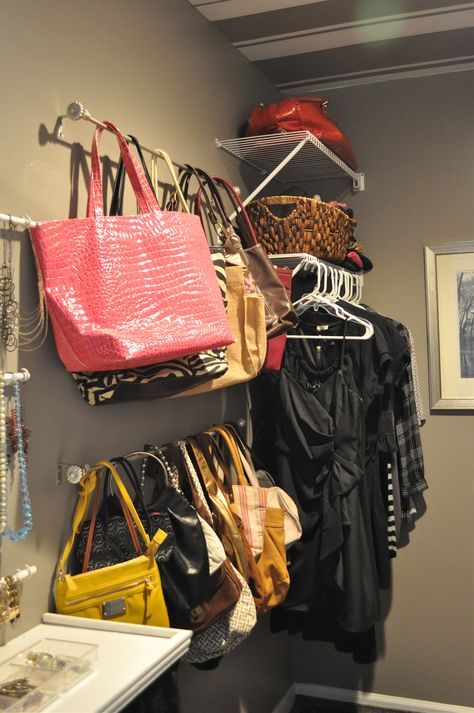 purse organization-closet organization-hang cl purses on rod in closet-shower rods into purse organizer-handbag storage-via-comoorganizarlacasa.com Organizing Purses In Closet, House Organization, Purse Storage, Handbag Storage, Organisation Hacks, Master Closet, Purse Organization, Emotional Balance, Closet Bedroom