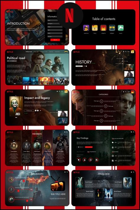 Looking for a creative way to present your next project? This Netflix-inspired PowerPoint template is perfect for you! With its bold colors, modern fonts, and stylish graphics, this template will help you stand out from the crowd. Try it today and see how your presentation can be more Ppt Movie Design, Slide Shows Presentation, Netflix Presentation Design, Cinematic Presentation Design, Creative Ideas For Presentations, Disney Ppt Template, Netflix Inspired Ppt Template, Netflix Ppt Template, Fun Powerpoint Design