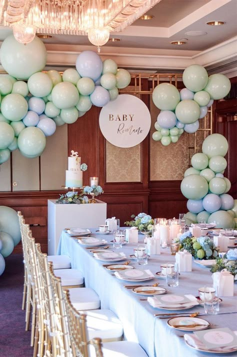 Zana Pali and Gianni Romano pastel blue and mint green baby shower #babyshower #babyshowerideas #bluebabyshower #pastelbabyshower #babyshowerinspiration Pastel Green Baby Shower Ideas, Blue Green Baby Shower Ideas, Green And Blue Baby Shower Ideas, Mint Green Baby Shower Ideas, Blue And Green Baby Shower Ideas, Pastel Baby Shower Decorations, Mint Baby Shower Ideas, Pastel Baby Shower Ideas, Mint Green Decor