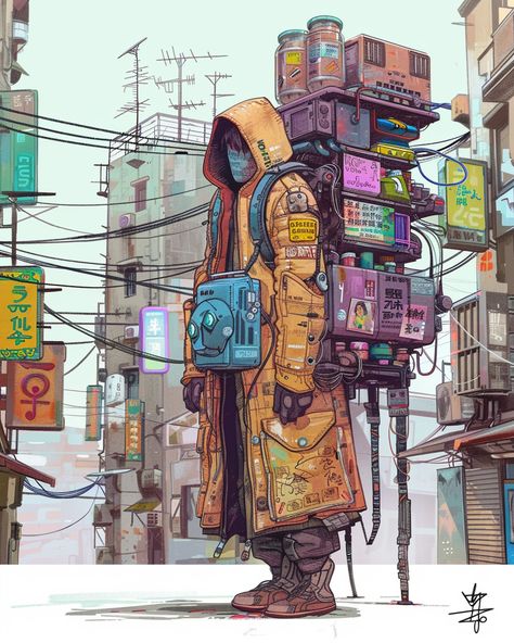 Cyberpunk Merchant with Giant Backpack and Signage Sci Fi Backpack Concept Art, Medic Concept Art, Merchant Concept Art, Backpack Concept Art, Cyberpunk Backpack, Backpack Inktober, Dystopian Environment, Giant Backpack, Cyberpunk Digital Art