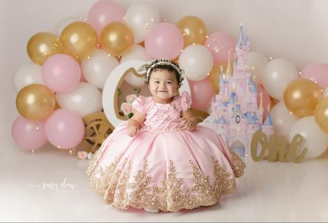 Princess 1st Birthday Photo Shoot, Princess First Birthday Photo Shoot, Princess Smash Cake, Sleeping Beauty Birthday Party, Pink Blouse Designs, Princess First Birthday, Princess Theme Birthday, Princess Theme Birthday Party, 1st Birthday Photos