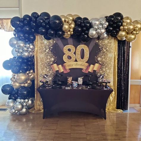 80th Birthday Backdrop Ideas, Birthday Sweets Table, 60th Party Decorations, Black Gold Silver Party, White And Gold Wedding Themes, 75th Birthday Ideas, Black White And Gold Wedding, Birthday Party Ideas For Men, 50th Birthday Party Ideas For Men