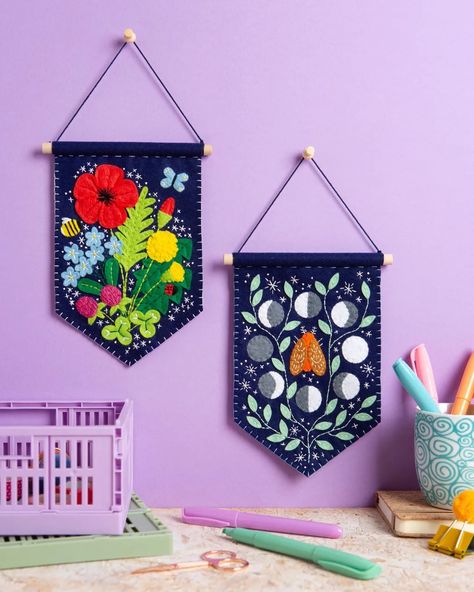 I told you I'd designed *two* felt pennant kits for @hawthornhandmade ... and here they both are! As well as the Celestial kit I shared the other day, there's a pretty Wildflowers design. Swipe for a closer look at all the felt-y floral goodness. Which one would you pick? 🌒 or 🌼? Felt Embroidery Hoop, Cricut Projects Felt, Felt Cricut Projects, Diy Felt Pennant, Felt Pennant Diy, Felt Tapestry, Diy Felt Banner, Felt Flag Banner, Felt Pennant Banner