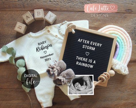 Gender neutral themed digital pregnancy announcements, perfect for baby reveals during any month. Neutral pregnancy announcements for social media if you would like to share the great news on Instagram or Facebook. After Every Storm There Is A Rainbow, Final Baby Announcement, Pregnancy Announcement Rainbow Baby, Rainbow Pregnancy Announcement, Rainbow Baby Pregnancy Announcement, Baby Due Date Calendar, Rainbow Baby Announcement, Baby Pregnancy Announcement, Baby Announcement Photoshoot