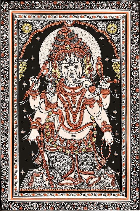 Phad Painting, Dancing Ganesha, Ganesh Art Paintings, Black Canvas Paintings, Kalamkari Painting, Western Paintings, Pichwai Paintings, Ganesh Art, Indian Painting