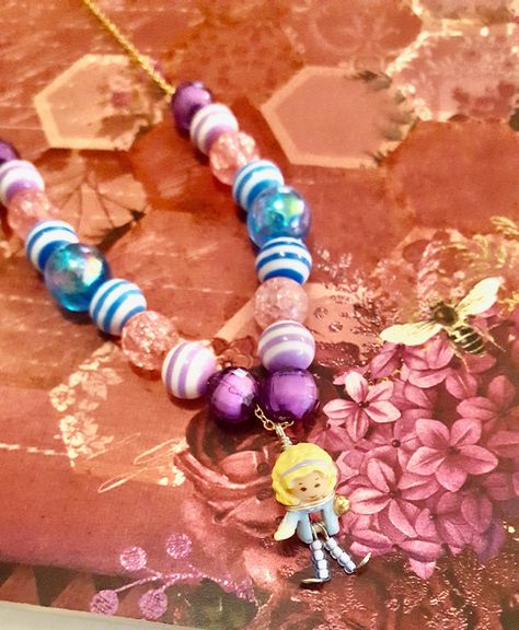 1992 Polly Pocket Doll Pendant Purple, Pink and Blue Beaded Chain Necklace by Lauren Jay Designs Polly Pocket Dolls, Pocket Doll, Beaded Chain Necklace, Doll Pendant, Violet Rose, Motifs Perler, Polly Pocket, Beaded Chain, Silver Wire