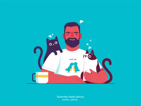 Hug me Hug Illustration, People Hugging, Men With Cats, Man Hug, Illustration Art Design, Cat Vector, Funny Illustration, Cat People, Vector Character