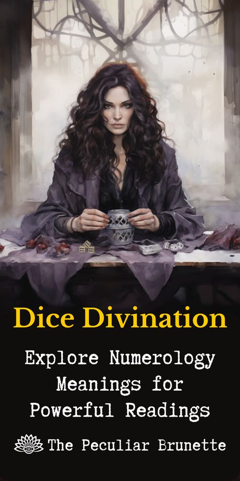 Dice Divination, also known as Astragalomancy, can be used in various ways due to the different methods of casting dice. Each spiritual practitioner may use multiple or various-sided dice. I’ve even seen some people use 20-sided DnD dice and sets. The choice will be entirely up to you, my peculiar friend! I typically cast two six-sided dice and incorporate the meanings of Numerology into the reading. That’s what I’ll be showing you how to do in this article. What Is Divination, Dice Divination, Solitary Witch, Divination Witch, Numerology Numbers, Witchcraft For Beginners, Number Meanings, Emotional Awareness, Divination Tools