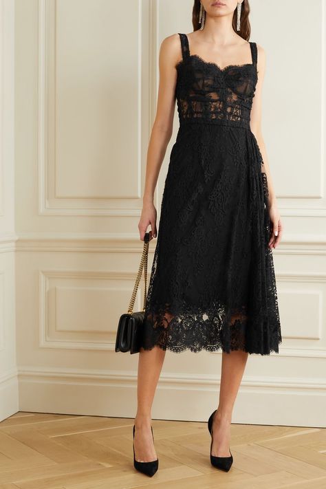 Dolce And Gabbana Dresses, Black Lace Midi Dress, Net Dress, Dolce Gabbana Dress, Black Tulle, Evening Dresses Elegant, Black Lace Dress, Chantilly Lace, Lace Midi