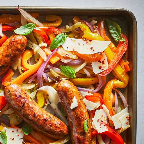 Sheet-Pan Sausage & Peppers Sheet Pan Dinners Sausage, Sheet Meals, Sheet Pan Sausage, Toaster Oven Recipes, Oven Meals, One Pan Dinners, Sausage Peppers, Eating Well Recipes, Pan Cooking