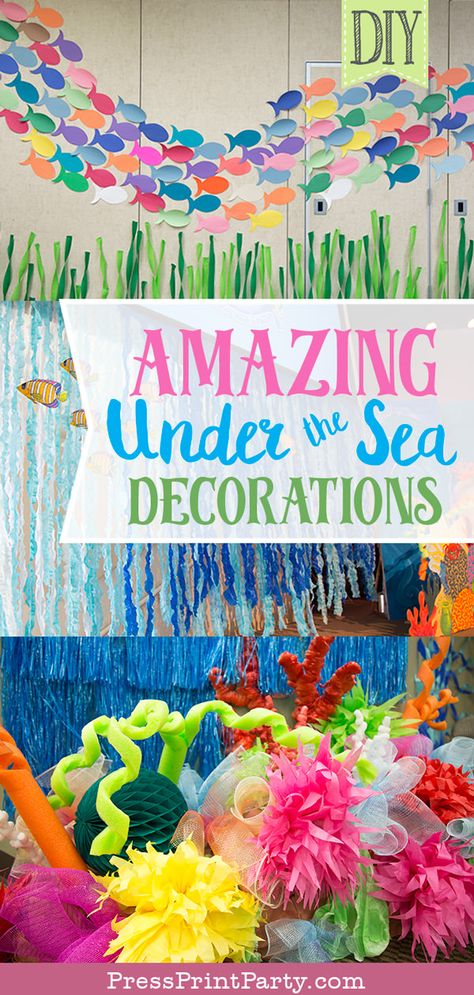 AMAZING UNDER THE SEA DECORATIONS. Great DIY decoration idea for an under the sea birthday party, mermaid party or classroom decor. Cut out paper fish (free template), make a coral reef with tissue paper and pool noodles, and cut fish out of paper plates. by Press Print Party! #freeprintable #underthesea #mermaid #partydecorations Mermaid Party Printables, Under The Sea Decorations, Ocean Birthday Party, Paper Fish, Reef Fish, Ocean Birthday, Ocean Party, Mermaid Birthday Invitations, Sea Birthday Party