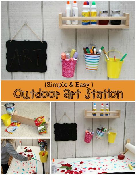 Outdoor Art Station for Kids! Summer tinkering  wall for creative preschoolers! #ProjectAmazing #sp Outdoor Art Center Preschool, Outdoor Art Station, Art Station For Kids, Kibbutz Life, Tinker Space, Outdoor Preschool, Preschool Playground, Outdoor Learning Spaces, Outdoor Play Spaces