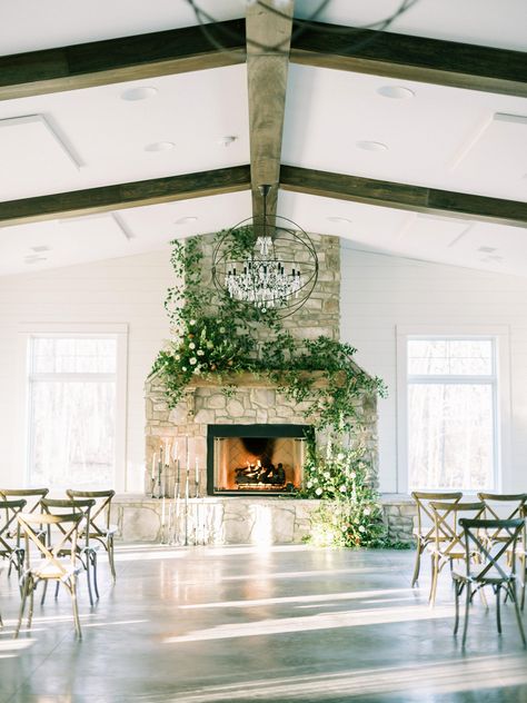 Wedding Fireplace Decorations, Grand Fireplace, Wedding Fireplace, Fireplace Decorations, Winter Fireplace, Pavilion Wedding, Indoor Wedding Ceremonies, March Wedding, Indoor Ceremony