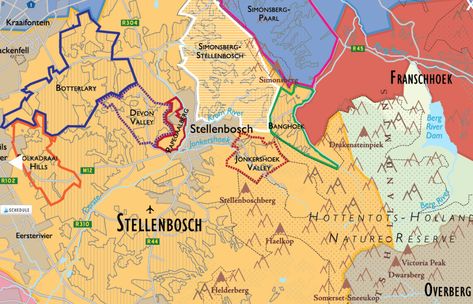 Stellenbosch Wine Region detail of De Long's South African Wine Map. Get your South African Wine Map from Vinodiversity.com South African Wine, Wine Country Travel, Wine Map, Wine Variety, Grape Varieties, Australian Wine, Wine Vineyards, Infographic Map, Wine Varietals