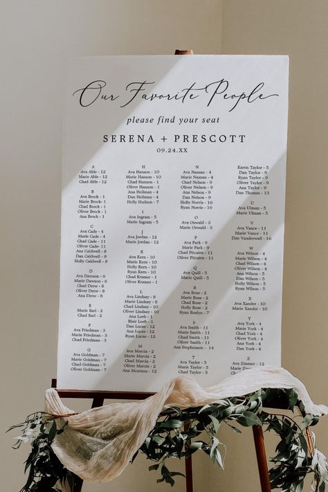 Delicate Our Favorite People Wedding Seating Chart Foam Board Our Favorite People Seating Chart, Seating Plan Sign, Alphabetical Seating Chart, Romantic Minimalist, Find Your Seat Sign, Seating Chart Sign, Wedding Seating Plan, Wedding Seating Chart Template, Black Typography