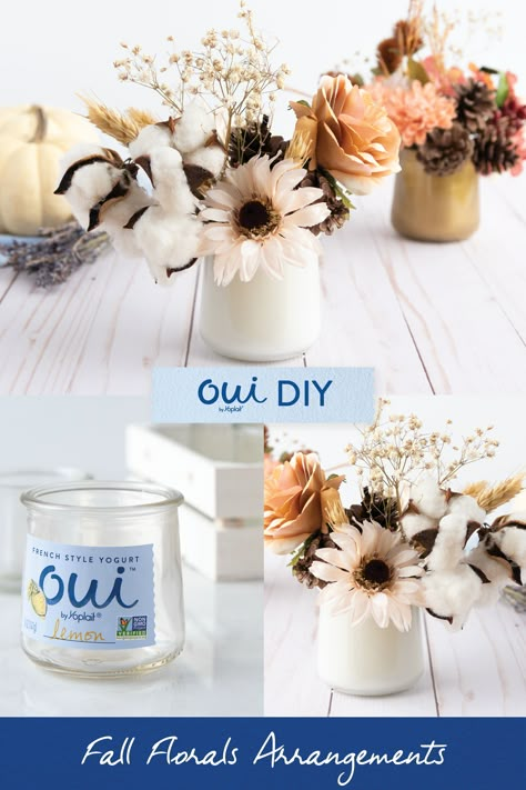 Reuse Oui by Yoplait glass pots for fall flowers. Perfect for table decorations, parties or every day. Mason Jar Ring Crafts Canning Lids, Oui Yogurt Jars Ideas Flowers, Oui Yogurt Jars Ideas Wedding, Oui Crafts, Oui Yogurt Jars Ideas, Storage Bin Ideas, Oui Jars, Decoration For Table, Pots Flowers