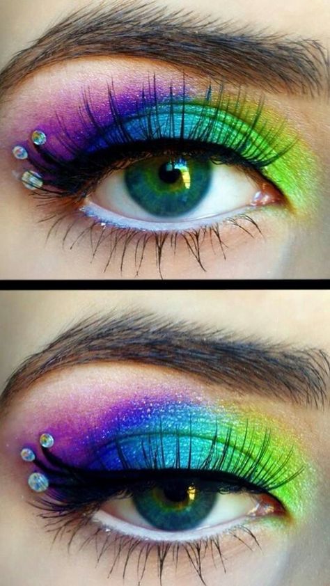 QUE HERMOSURA DE MAQUILLAJE PARA UNA FIESTA NEON...!!!! Vivid Eyeshadow Looks, Peacock Eyeshadow Looks, Mardi Gras Eye Makeup, Bright Colorful Eye Makeup, Peacock Eyeshadow, Pretty Eyelashes, Peacock Eye Makeup, Peacock Makeup, Carnaval Make-up