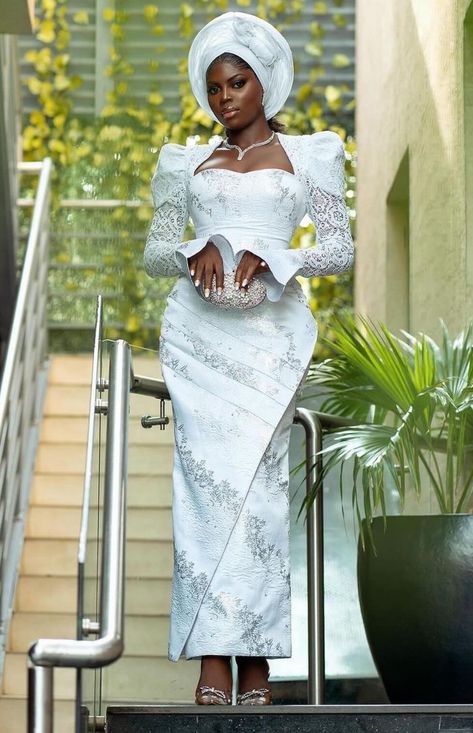 Modest Civil Wedding Dress, White Brocade Styles For Women, White Brocade Asoebi Styles, Brocade Asoebi, Brocade Asoebi Styles, Brocade Styles, Lace Blouse Styles, Civil Wedding Dress, Aso Ebi Style