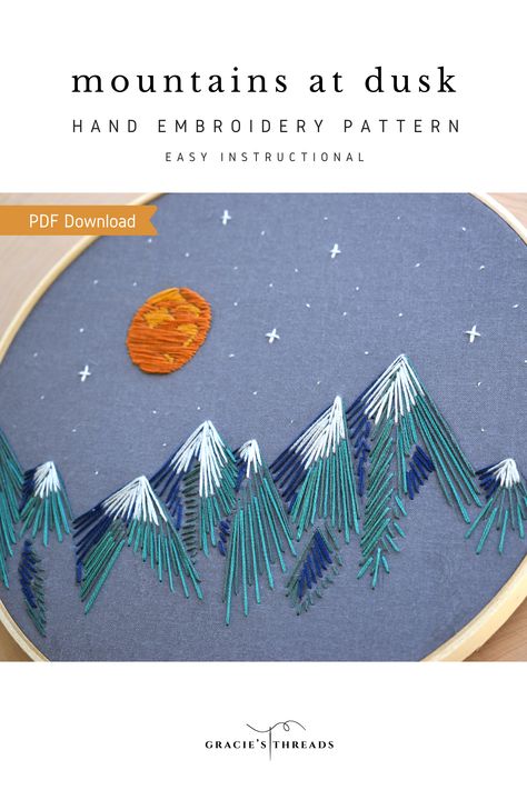 Mountain Range Embroidery, Mountain Hand Embroidery, Embroider Mountains, Camping Embroidery Designs, Mountain Embroidery Simple, Embroidery Mountains Simple, Embroidery Landscape Easy, Masculine Embroidery, Mountain Embroidery Pattern