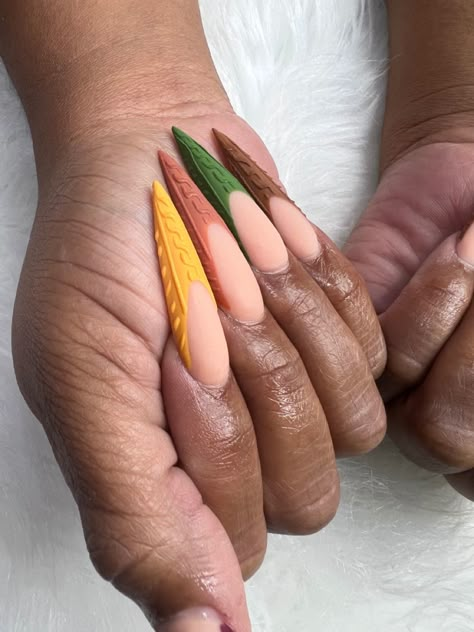 Fall Aesthetic Nails Almond, Fall Nail Stiletto, Textured Nails Design, Stiletto Thanksgiving Nails, Xl Almond Nails Designs, Sweater Nails Stiletto, Sweater Nails French Tip, Thanksgiving Nails Stiletto, Fall Staleto Nails